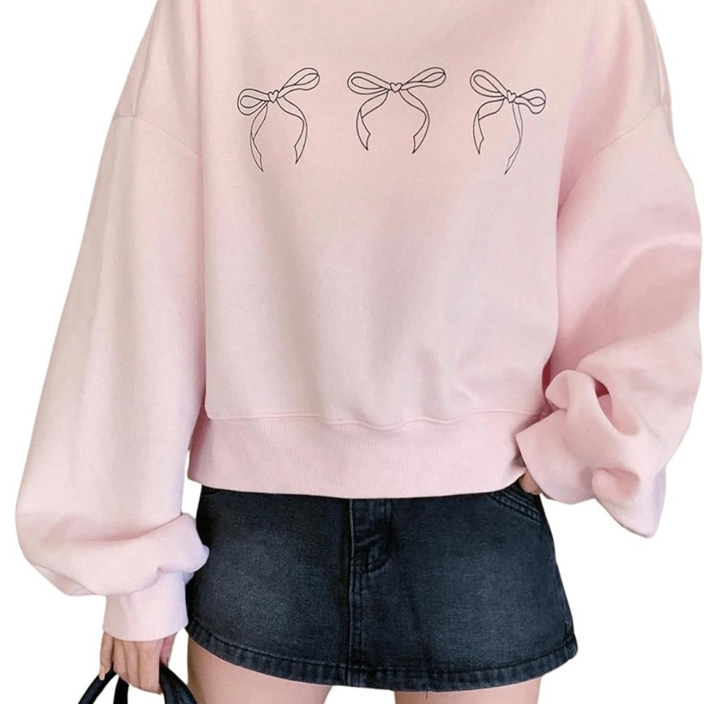 Womens Pink Bow Coquette Preppy Aesthetic Crewneck Sweatshirt Long Sleeve‎ Shirt